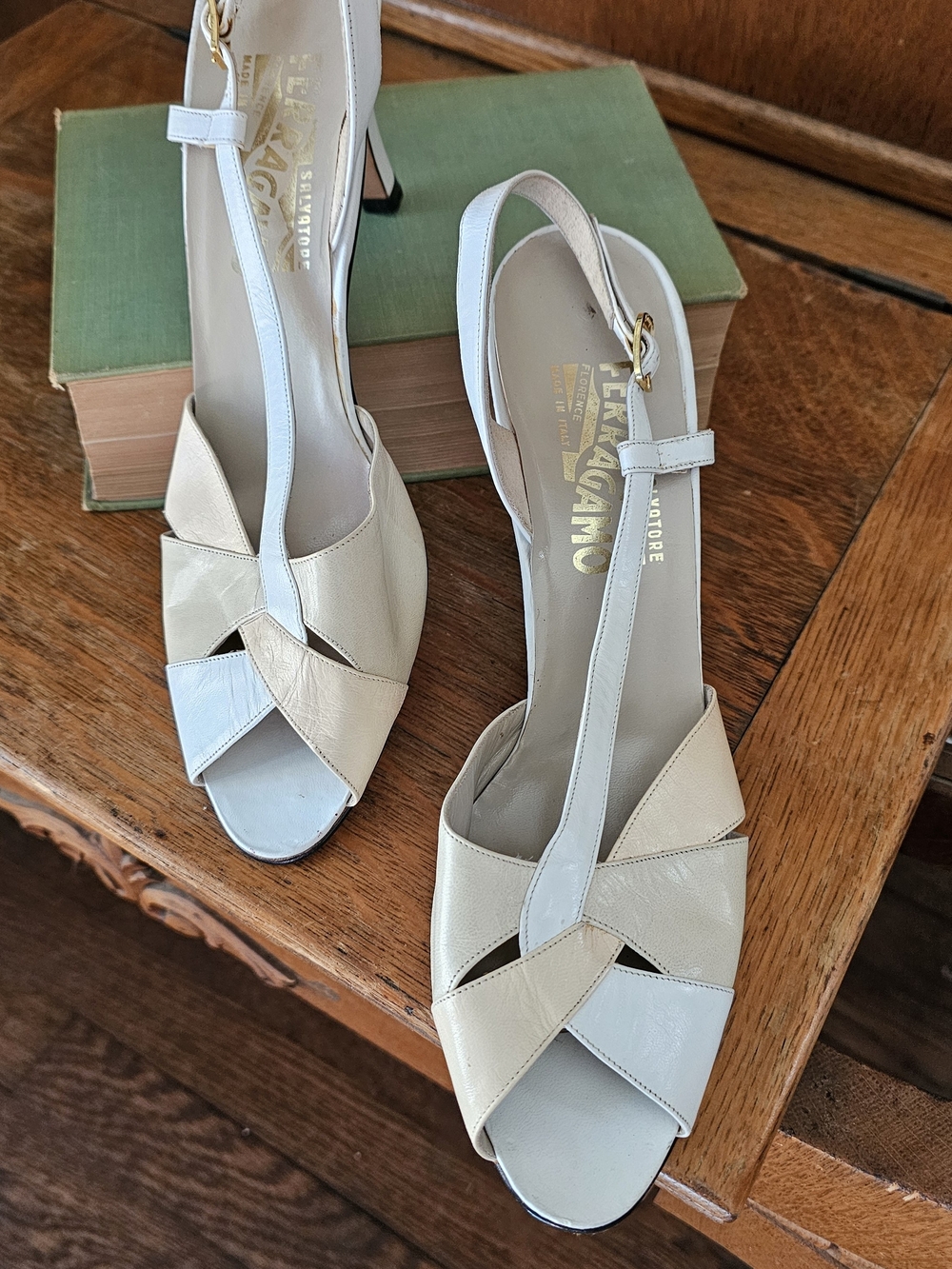 Salvatore Ferragamo Cream Leather Slingback Sandals